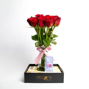 Regalo de rosas, 12 rosas rojas en jarrón con caja