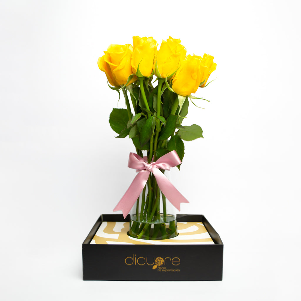 Regalo de rosas, 12 rosas amarillas en jarrón con caja