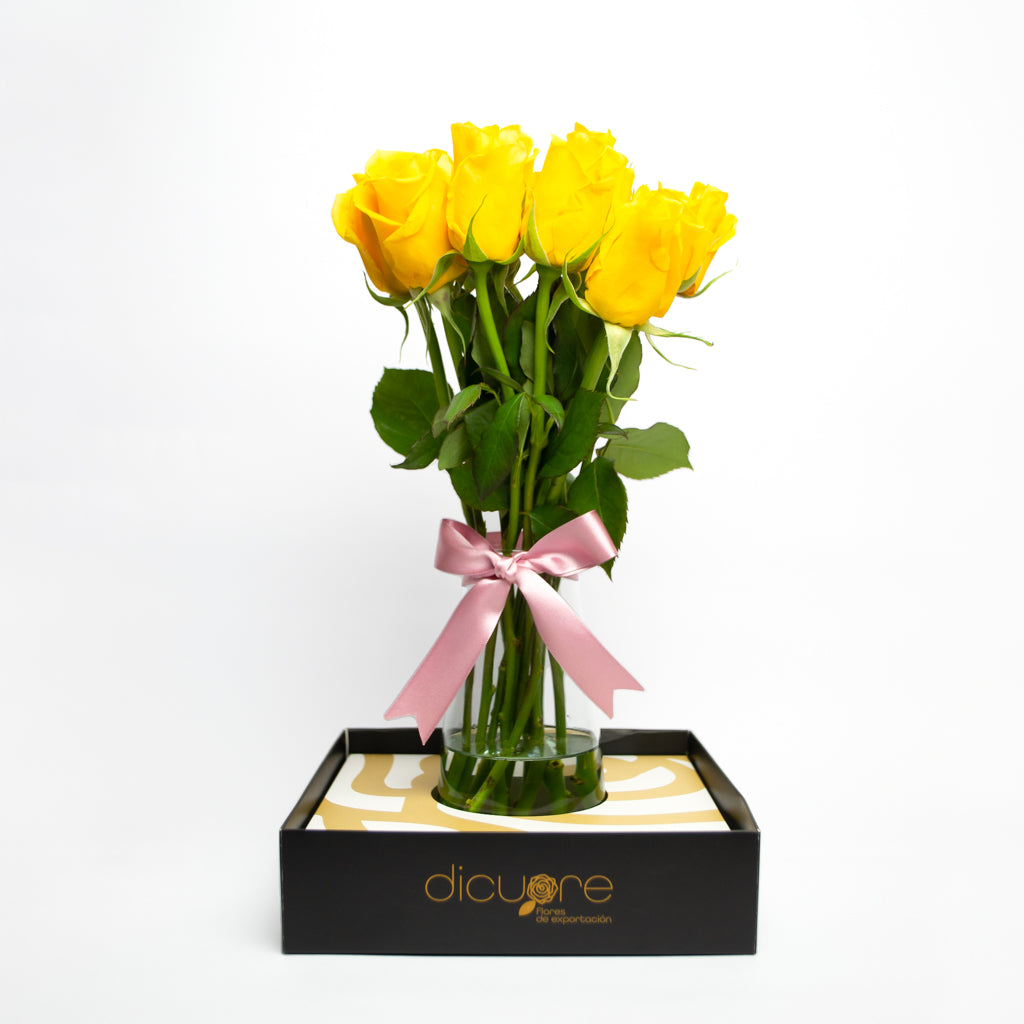 Regalo de rosas, 12 rosas amarillas en jarrón con caja