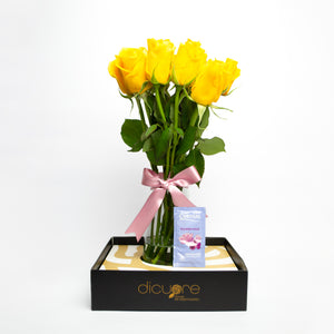 Regalo de rosas, 12 rosas amarillas en jarrón con caja